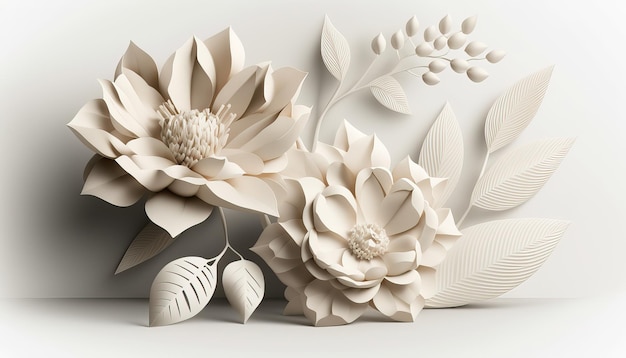 Generative AI Paper cut craft flowers and leaves white color floral origami textured background