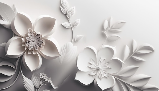 Generative AI Paper cut craft flowers and leaves white color floral origami textured background