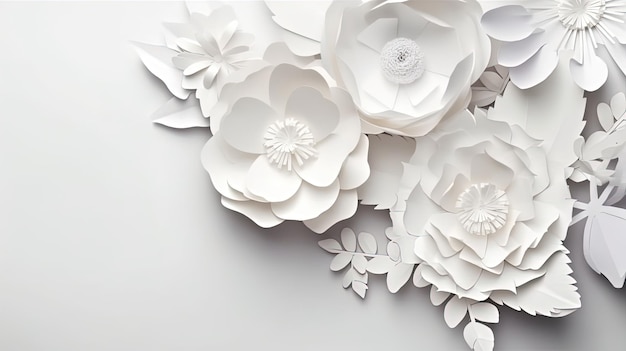 Generative AI Paper cut craft flowers and leaves white color floral origami textured background