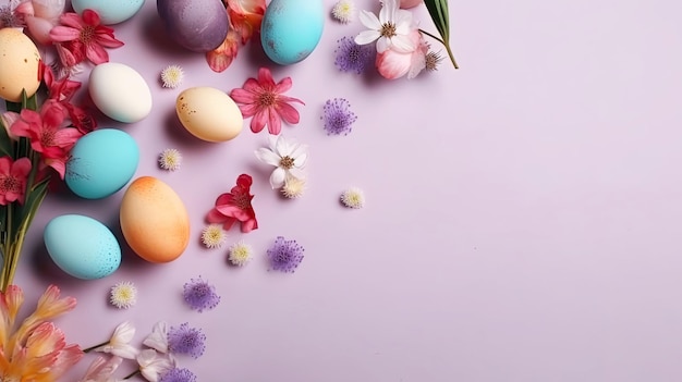 Generative AI Pastel Easter eggs with flowers on a pink background Copying space View from above flatley composition Horizontal illustration