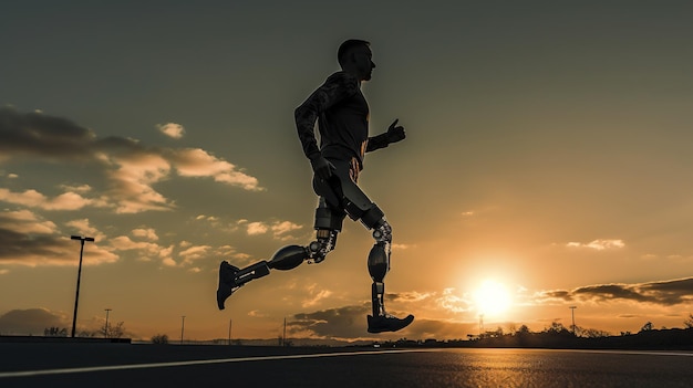 Generative AI person with disability prosthetic limb running and does not feel obstacles