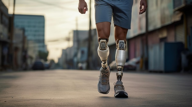 Generative AI person with disability prosthetic limb running and does not feel obstaclesx9