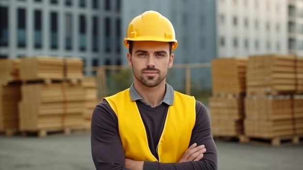 Generative AI photo of a charming young builder in a helmet standing with his arms crossed in front of a building site