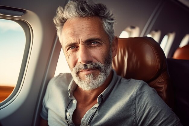 Photo generative ai picture portrait of aged woman man traveler person inside modern jet plane