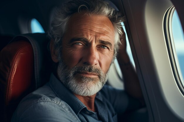 Photo generative ai picture portrait of aged woman man traveler person inside modern jet plane