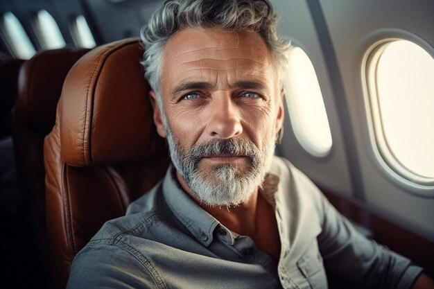 Photo generative ai picture portrait of aged woman man traveler person inside modern jet plane