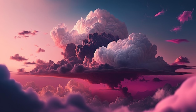 Generative AI Pink magenta fantastic clouds sky and landscape Gentle colors and with bright lights