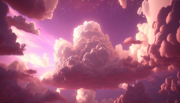 Generative AI Pink magenta fantastic clouds sky and landscape Gentle colors and with bright lights