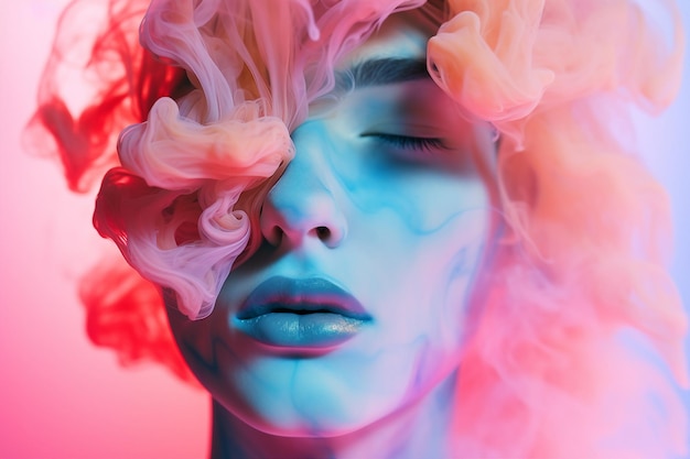 Generative AI pleasant smell good flowing colorful smoke lying down on beautiful woman model face eyes closed overjoyed