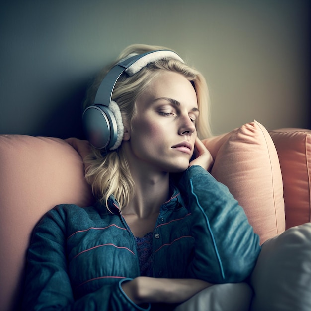 Generative ai pleased young woman listening music headphones relaxing on sofa at home eyes closed