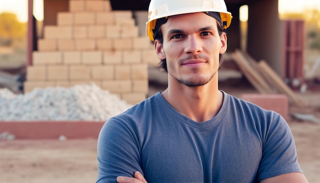 Generative AI portrait of an attractive young builder wearing a helmet and standing with his arms crossed against a construction house background