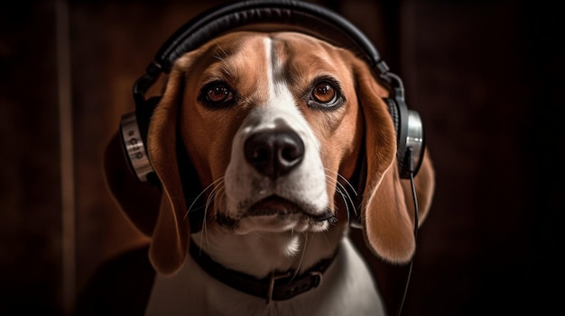 Generative AI portrait of a cheerful beagle listening to music