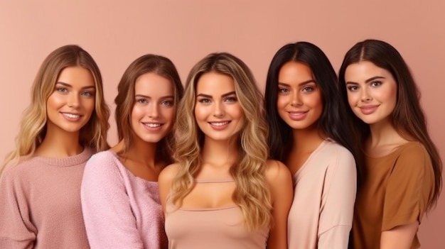 Generative AI portrait depicts a group of young thin females wearing beige undergarments grinning and posing in front of a pink background