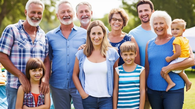 Generative AI portrait of an extended family standing at a park BBQ