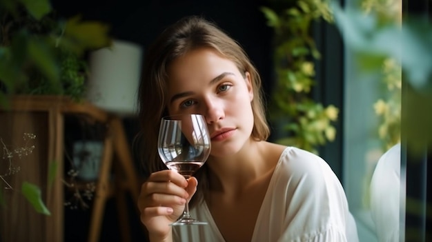 Generative AI Portrait of a Gorgeous Lonely Young Lady Drinking from a Wine Glass in the Garden