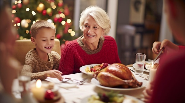 Generative AI portrait of a happy mother enjoying a Christmas lunch at the dining table