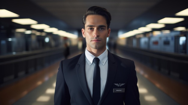 Generative AI Portrait of a male flight attendant in a cabin crew uniform professional appearance aircraft aisle background