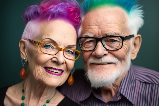 Generative ai portrait of romantic cute senior modern colorful hair rock couple