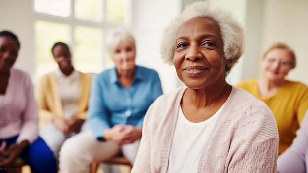 Generative AI portrait of a senior black woman sitting in a circle at a mental health support group in a retirement home