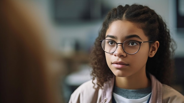 Generative AI portrait of a young American doctor conversing with a teen patient at a clinic