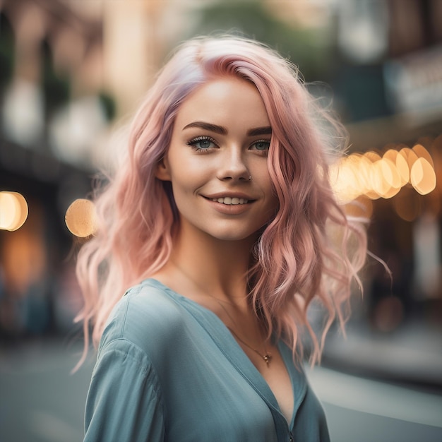 Generative ai portrait young asiatic rebel pink hair woman looking camera serene and confident