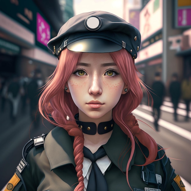 Generative ai portrait young asiatic rebel pink hair woman soldier