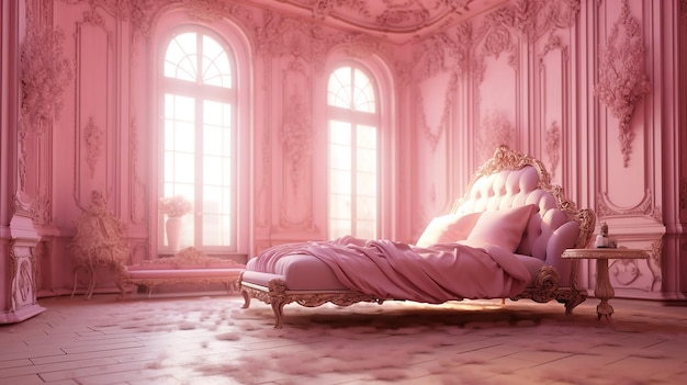 Generative AI princess room in pink baroque style with beautiful ornaments