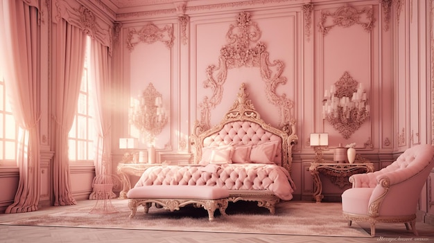 Generative AI princess room in pink baroque style with beautiful ornaments