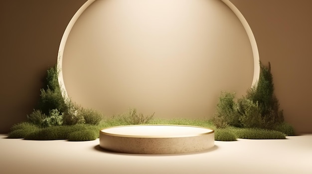 Generative AI product beige minimal scene with geometric podium platform and moss plants mock up