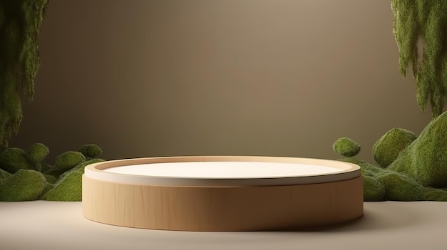 Generative AI product beige minimal scene with geometric podium platform and moss plants mock up