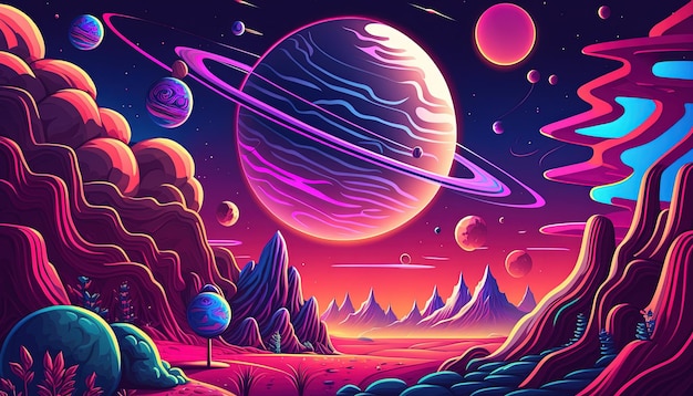 Generative AI Psychedelic Space banner template nostalgic 80s 90s background Horizontal illustration