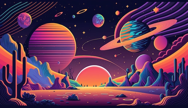 Generative AI Psychedelic Space banner template nostalgic 80s 90s background Horizontal illustration