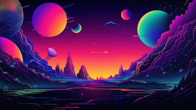 Generative AI Psychedelic Space banner template nostalgic 80s 90s background