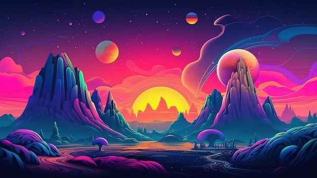 Generative AI Psychedelic Space banner template nostalgic 80s 90s background