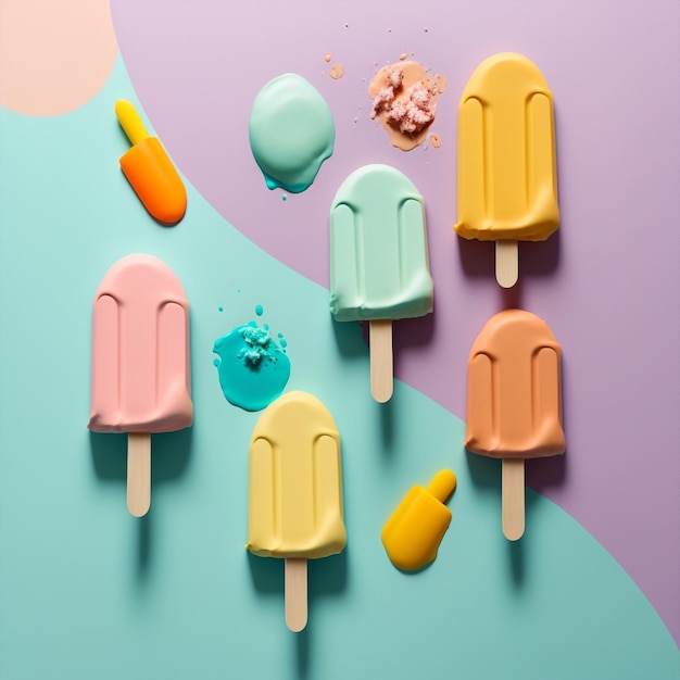 Generative ai rainbow colored fruity set of several frozen popsicles isolated background