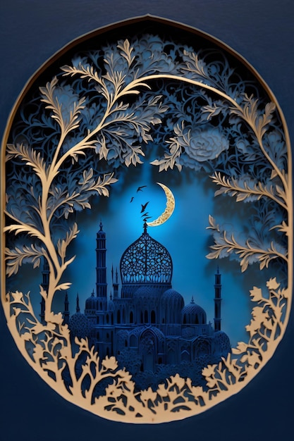 Generative AI of Ramadan Kareem background with mosque and crescent moon