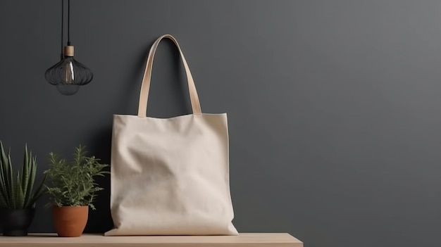 Generative AI Realistic beige tote canvas fabric bag setup in at home interior shopper mock up blank