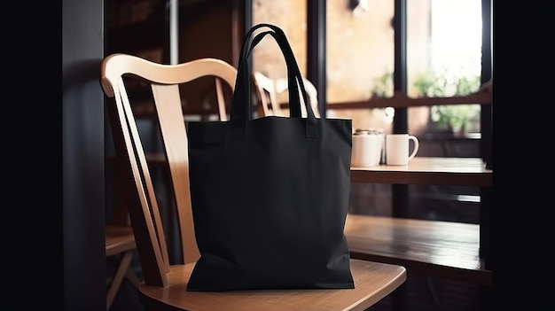 Generative AI Realistic black tote canvas fabric bag setup in at cafe coffee shop interior mock up