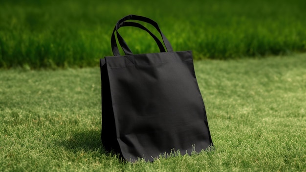 Generative AI Realistic black tote canvas fabric bag setup on the green grass shopper mock up blank