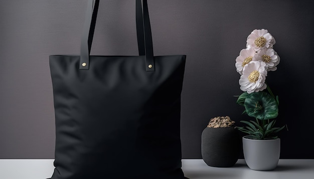 Generative AI Realistic black tote canvas fabric bag setup in at home interior mug mock up blank