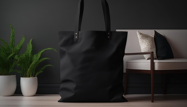 Generative AI Realistic black tote canvas fabric bag setup in at home interior mug mock up blank