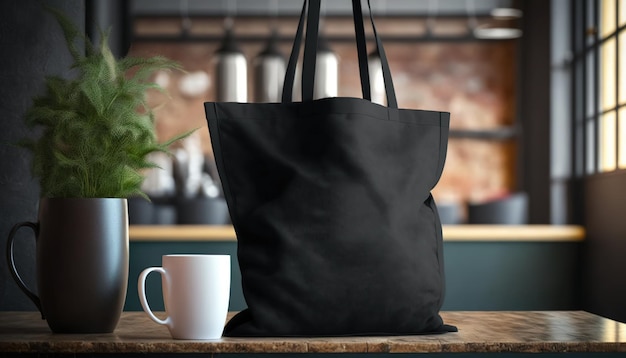 Generative AI Realistic black tote canvas fabric bag setup in at home interior mug mock up blank