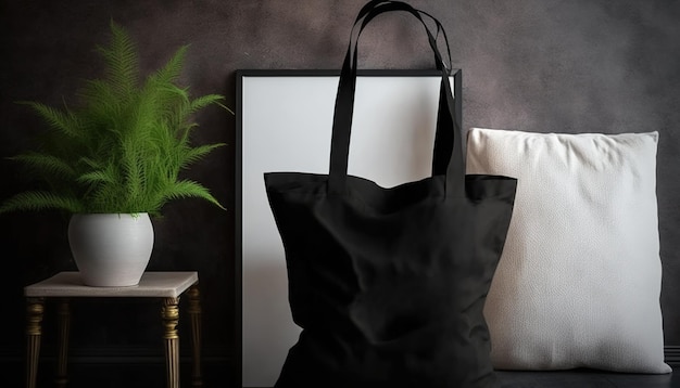 Generative AI Realistic black tote canvas fabric bag setup in at home interior mug mock up blank