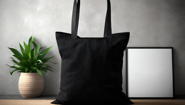 Generative AI Realistic black tote canvas fabric bag setup in at home interior mug mock up blank