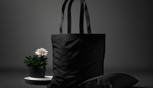 Generative AI Realistic black tote canvas fabric bag setup in at home interior mug mock up blankx9