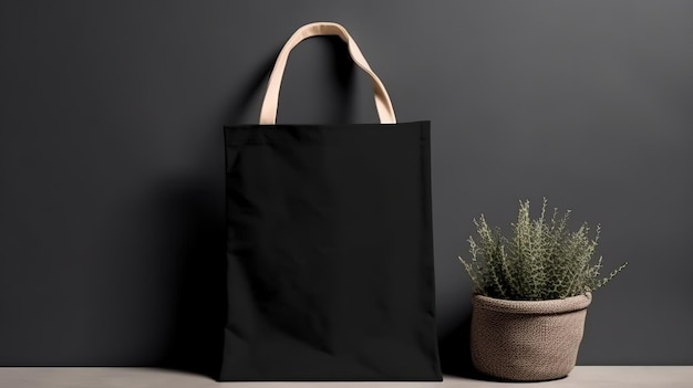 Generative AI Realistic black tote canvas fabric bag setup in at home interior mug mock up blankx9