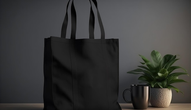 Generative AI Realistic black tote canvas fabric bag setup in at home interior mug mock up blankx9