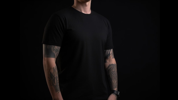 Generative AI Realistic black TShirt mock up blank put on young man copyspace for presentation