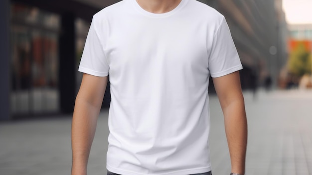 Generative AI Realistic white TShirt mock up blank put on young man copyspace for presentation