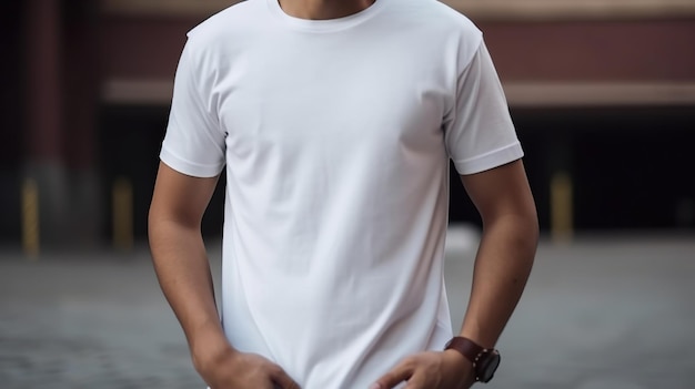 Generative AI Realistic white TShirt mock up blank put on young man copyspace for presentation